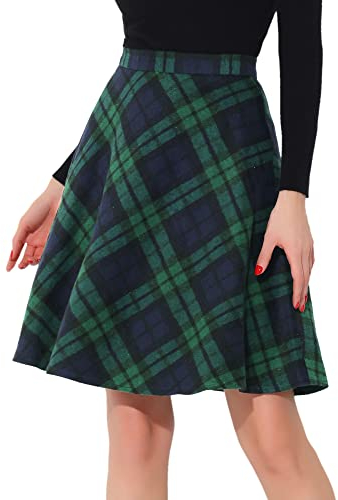 Allegra K Damen Karo Rock Festlich A-Linie Hohe Taille Kammgarn Kariert Midirock Grün M