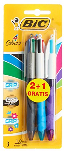 Bic Grip Druckkugelschreiber mit 4 Farben, 3 Stück (1 x Grip, 1 x Grip Pro, 1 x Grip Fun/Fashion), Spitzengröße M (1,00 mm)