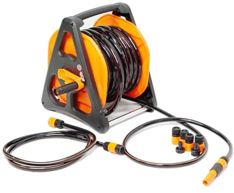 New Professional Garden Hose Reel Free Standing or Wall Mounted 1/2 Hose 30Metre 99 Feet 3 Coil Breaded Hose 6 PC Accessory Kit Inc with Nozzle & 3/4 Inch Tap Fitting