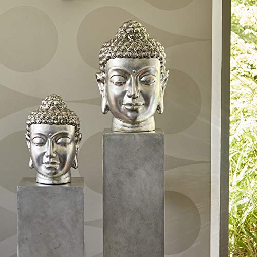 Klocke Gartenfiguren Wunderschöner & Moderner Buddha Kopf – Hochwertige Verarbeitung - Fiberglas – Indoor – Statue/Büste/Skulptur/Buddhafigur (Groß: Höhe 51cm, Silber)