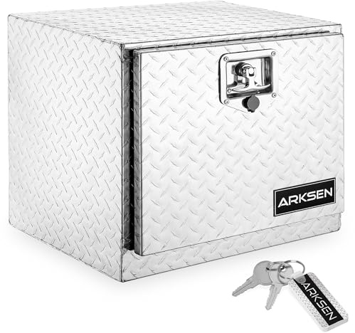 ARKSEN 18 x 17 x 18 Inch Underbody Tool Box, Heavy Duty Aluminum Diamond Plate Waterproof Square Storage Organizer Chest with T-Handle Lock & Keys for Pickup Truck, RV & Trailer – Silver
