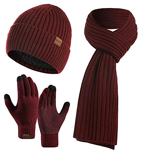 CheChury Mütze Schal Handschuh Sets für Herren Damen Mütze Touchscreen Handschuhe Beanie Warme Mütze Strickmütze Weich Winterschal Herren Mütze 3 in 1 Winter Langer Schal Geschenk Unisex,Weinrot