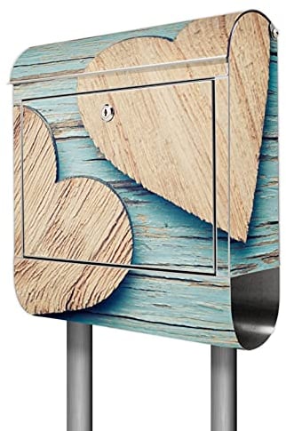 banjado® Briefkasten mit Standfuß Motiv Holz Herzen - Stand Briefkasten Edelstahl mit Zeitungsfach - Postbox/Postkasten A4 Einwurf inkl. Montagematerial & 2 Schlüssel