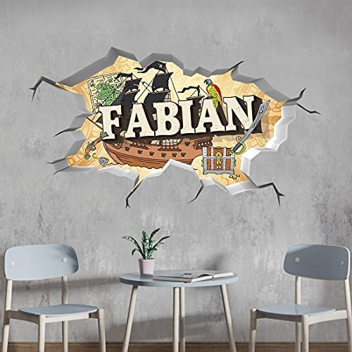 vr76 tjapalo® 3D Wandtattoo Kinderzimmer junge Namen Wandtattoo Jungen Wandaufkleber Piratenschiff Wandbild Kinderzimmer jungen mit Namen, Größe: B58xH30cm, Farbe: Piraten