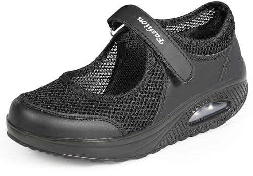 Sandalen Damen Freizeitschuhe Keilabsatz Leicht Walking Schuhe Plateau Turnschuhe Mesh Fitness Sneaker Laufschuhe Sommer Atmungsaktiv Espadrilles E-Schwarz EU37