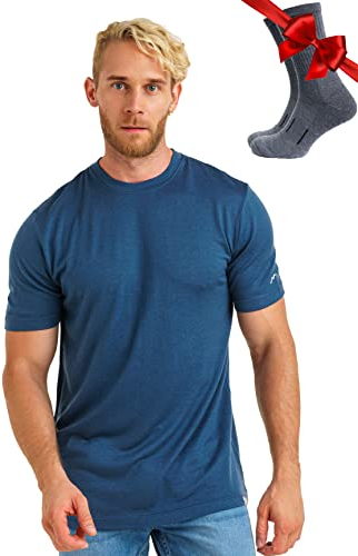 Premium Merino Shirt Herren Kurzarm - Thermooberteile 100% Merino Unterwäsche Herren + Wanderwollsocken (Large, Denim)