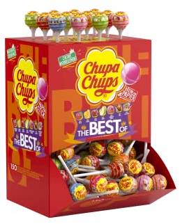 Chupa Chups - Boîte Carton 150 Sucettes à la Pulpe de Fruit + Cola et Milky The Best Of - Bâton en Papier - Idéal pour Fêtes d'Anniversaires - 1,8 Kg
