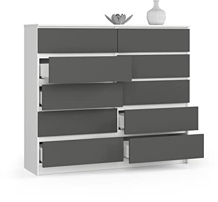 BDW Kommode, 10 Schubladen, viel Stauraum, Kleiderschrank, Flur, Badezimmerschrank, Kommode, Multifunktionsschrank. Abmessungen: 138 x 121 x 40 (Weiß - Grau), One size