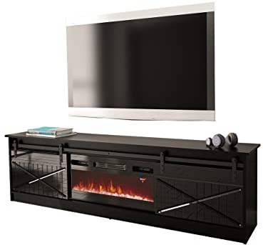 Mirjan24 TV Schrank mit Elektrischem Kamin Otemna, TV Lowboard, Fernsehschrank, Realistische LED-Flamme, Mit Deko-Kristallen, Elektrischer Kamin mit Heizung (Schwarz/Schwarz Hochglanz)