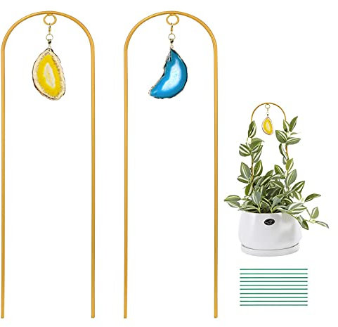 Ceiner 2 Stück kleine goldene Rankhilfe für Kletterpflanzen im Innenbereich, Mini-Zimmerpflanzen-Kletterhilfe für Topfpflanzen, Boho-dekoratives Topfgitter mit Achat für Hoya, Efeu, Philodendron