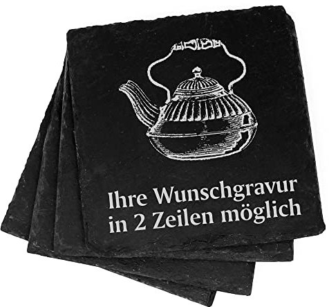 4 x Teapot Decorative Slate Coasters Personalised Engraving Set - 11 x 11 cm Bottle Coasters Glass Coasters Cup Coasters