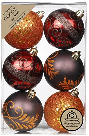 Weihnachtskugeln Dekorierte Kugeln Kunststoff 8cm 6er Set braun orange Flame Mix