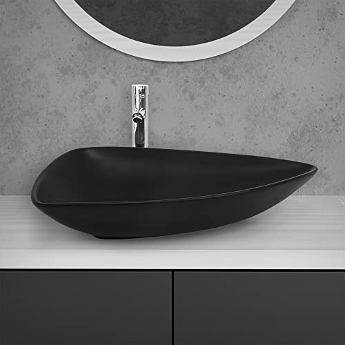 ML-Design Lavabo en Céramique Noir Mat, 69 x 46 x 13 cm, Triangulaire, Vasque à Poser sur Plan de Toilette, Lave-Mains Évier pour la Salle de Bain/WC Invités, Design Moderne, sans Matériel de Montage