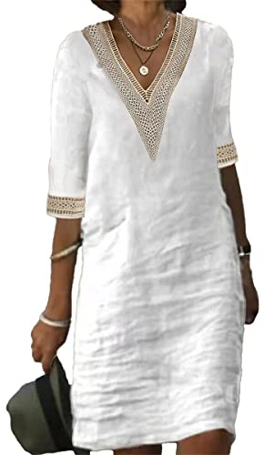 TS Women's Half Sleeve V-Neck Lace Ruffled Summer Dress Casual Ethnic Solid Basic Fashion Mid-Length Gifts White