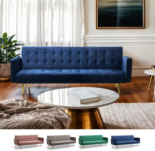 Produce Shop Modernes clic clac 3-Sitzer Samt Schlafsofa Caullae goldene Beine - Blau