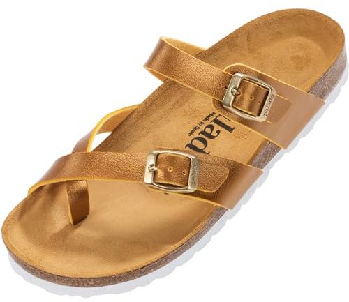 Palado Pantoletten Damen Cres Metallic - elegante Sandalen Made in Spain - bequeme Hausschuhe mit dämpfendem Kork-Fußbett - modische Sommerschuhe Senf/Gold UK4,5 - EU37