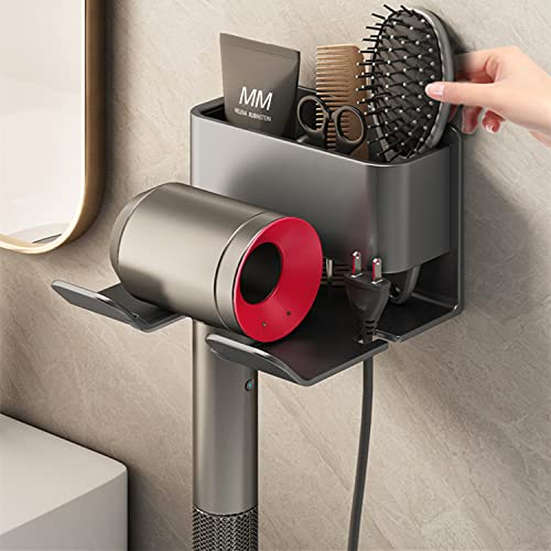 Soporte para secador de pelo Montado en la pared Aluminio Soporte para secador de pelo con Almacenamiento y Soporte del cable, Organizador de herramientas para el cabello para Baño, Peluquería