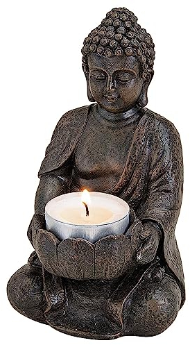 matches21 Entspannte Buddha Deko Figur in braun sitzend - Buddha Figur Garten und Deko Wohnzimmer mit Teelichthalter - Buddha Figur klein 14 cm