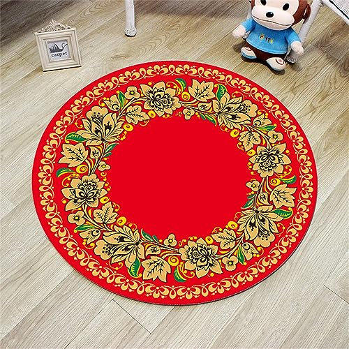 Highdi Tapis Rond Salon, Tapis de Sol Décoration Antidérapant pour Salon Chambre Cuisine Balcon Terrasse Salle à Manger Intérieur Extérieur Enfants -Style Chinois (120cm,Rouge)