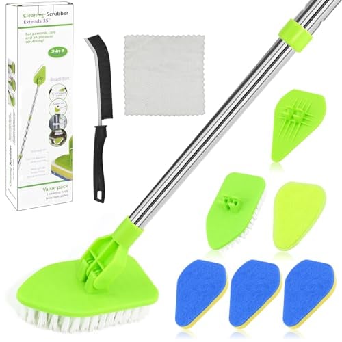 Long Handled Scrubbing Brush, 3 in 1 13in-32in Adjustable Handle Bathroom Cleaning Brush with Crevice Brush, 180° Rotatable Shower Cleaning Brush with Replaceable Stiff Bristle Tub and Tile Scrubber