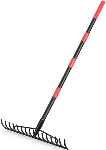 Râteau de jardin de 1,6 m, râteau de nivellement de pelouse à 16 dents avec poignée réglable en acier inoxydable, râteau en métal pour pelouse, ameublissement du sol, gestion des terres, râteau de