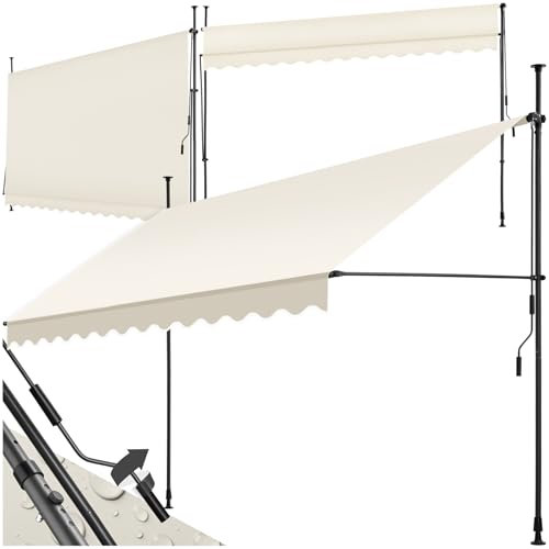 tectake Garden Patio Retractable Awning, Manual with Hand crank, Sun shade Canopy with UV and Rain Resistance, Clamp System with No Drilling Required - beige