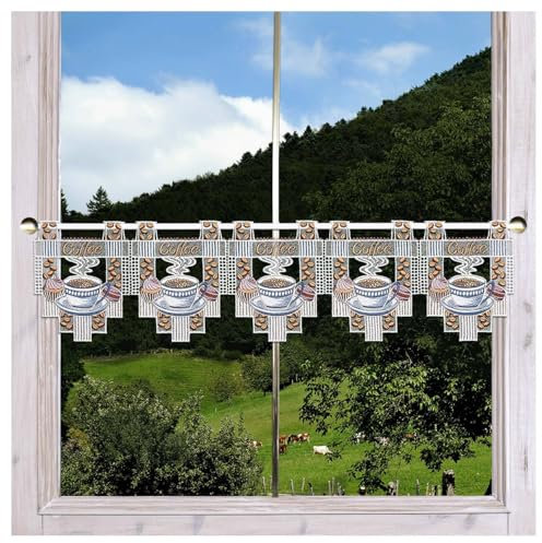 DSD Design-Studio Drechsler Feenhaus-Küchengardine Kaffeepause Echte Plauener Spitze Scheibengardine mit Kaffee und Gebäck 19 x 64 cm