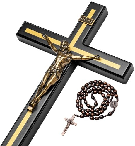 KUXBET 30,5 cm Wandkruzifix mit Holzkreuz-Halskette, katholischer Holz-Jesus Christus, Wandbehang für Heimdekoration