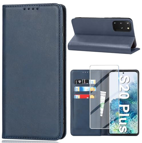 Vaki Handyhülle für Samsung Galaxy S20 Plus Hülle mit Schutzfolie, Schutzhülle Galaxy S20 Plus PU Leder Wallet Kartenfach Ständer Klapphülle Lederhüllen Case für Samsung S20 Plus Tache Cover (Blau)