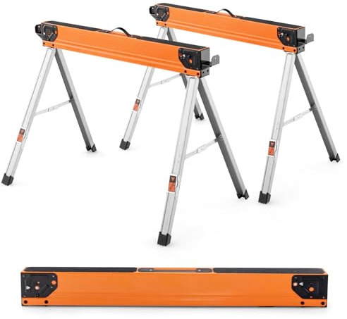 COSTWAY Folding Saw Horse Twin Pack, Heavy Duty Workbench with Flip-Down Pegs, 2 x 4 Support Arms, Non-Slip Pads & Surface, Fully Assembled Metal Trestle Stands Sawhorse, Each Max Load 500kg (Orange)