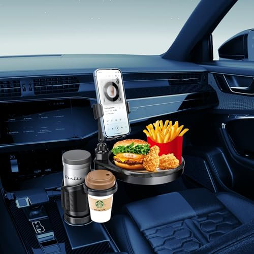 Organiseur de voiture et porte-gobelet amélioré 2024 – Gadget essentiel pour voyage en voiture – avec plateau alimentaire avec support de téléphone, rotation à 360°, 2 porte-gobelets (matériaux de