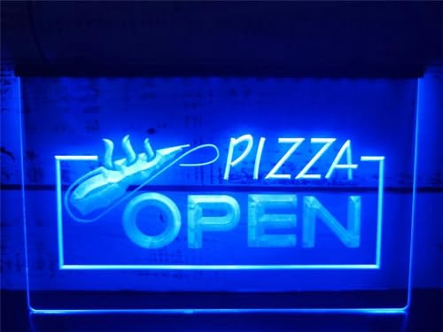 KEYQEEN Open Enseigne au néon de Magasin de Pizza en tranches, néons LED 3D de Restaurant pour la décoration Murale, Panneau Lumineux alimenté par USB,Bleu,30x20cm