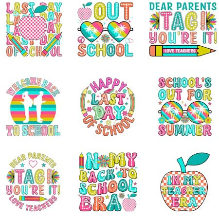 9pcs Back to School Iron On Decals for Clothing Iron on Heat Transfer Patches Vinyl Decals Appliques for Clothes T Shirts Bag Pillow Covers