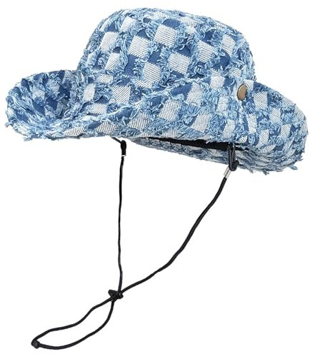 ThiCc Cowboyhut aus Denim für Damen und Herren, Unisex, Sommer, lässig, ausgefranst, Jeans, Sonnenhut, Outdoor, breite Krempe, Karomuster, Fischermütze, Strand-Kopfbedeckung, blau, Einheitsgröße
