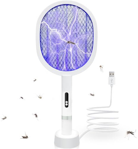 Racchetta Zanzare Elettrica,3000V con USB Ricaricabile e LED 2 in 1 Racchetta Zanzare,Racchetta Elettrica per Zanzare Maglia a 3 Strati Adatto per Casa Giardino Campeggio Interni ed Esterni Bianco