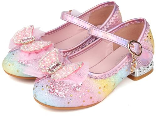 AQIYI Girls Princess Shoes Glitter Party Shoes Sparkly Dress Up Shoes High Heels Sandals Sequin Mary Jane Shoes Colorful Pink 12.5UK Child