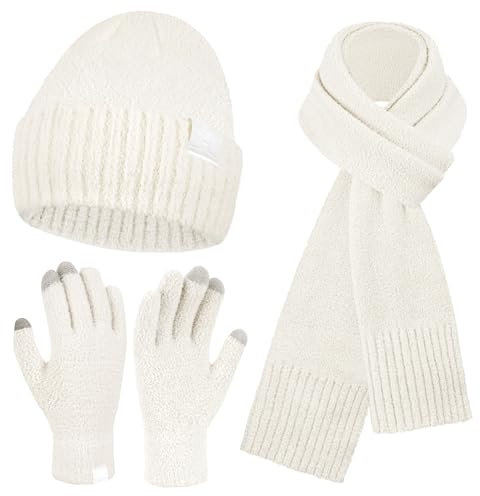 Winter Warm Damen Mütze Lange Schal Touchscreen Handschuhe Set Thermo Wintermütze Strickmütze Beanie Winterhandschuhe Schals für Damen Geschenk Frauen, Weiß