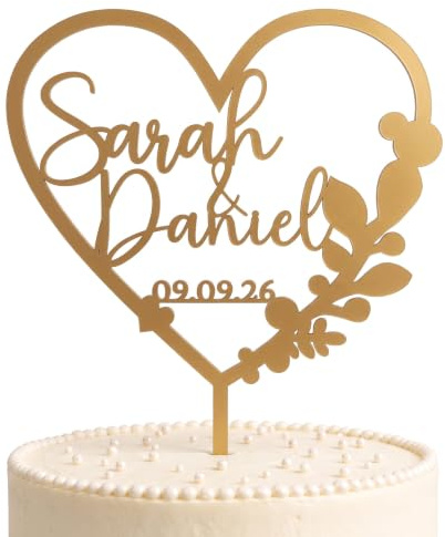 Cake Topper Hochzeit Personalisiert – Herz mit Eukalyptus | Tortendeko & Tortenstecker Hochzeitstorte · Gold, Roségold, Silber, Weiß, Schwarz, Holzfarben · Bruchsicher · Mit Namen