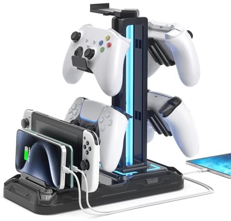 KDD Soporte Cascos Gaming con Soporte para Teléfono-Soporte Mando con 9 Modos de Luz- Headphone Stand con Puertos de Carga USB-Soporte Auriculares para Almacenamiento de Accesorios de PC para Juegos