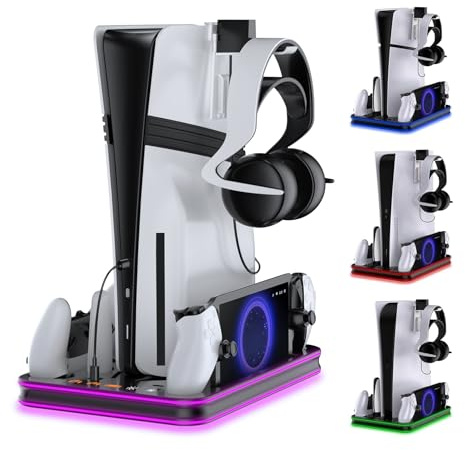 Stand and Cooling Station for PS5/PS5 Slim/PS5 Pro with RGB LED Controller Charging Dock Accessories, Charger for PlayStation 5 Controller and PS Portal Console Headset and Remote Holders (Black)