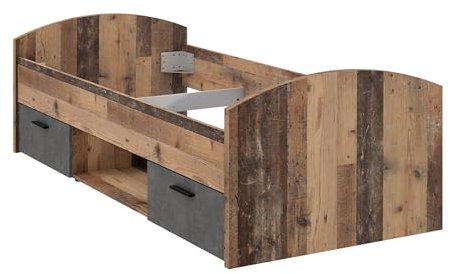 möbelando Stauraumbett >Winnie< im Industrial-Stil (96 x 65,5 x 206,4 cm) bietet eine 90 x 200 cm Liegefläche, 2 Schubladen, 1 Fach und eine Old-Wood-Vintage-/Betonoptik. Zerlegt geliefert.