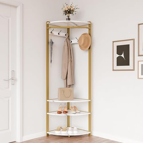 Salutmeuble Porte-Manteau Arbre d'angle avec banc à chaussures 6 crochets et étagère de rangement Porte-manteau autoportant avec 3 étagères Banc à chaussures Arbre à manteaux pour entrée, salon, dore