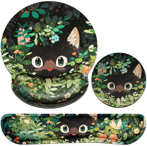 Acezeek Tapis De Souris 3 en 1 avec Coussin Gel Repose-Poignet Clavier Ergonomique+ Sous-verres Antidérapants Avec Memory Sponge Pour La Maison, Le Bureau, Les Jeux (Chats)