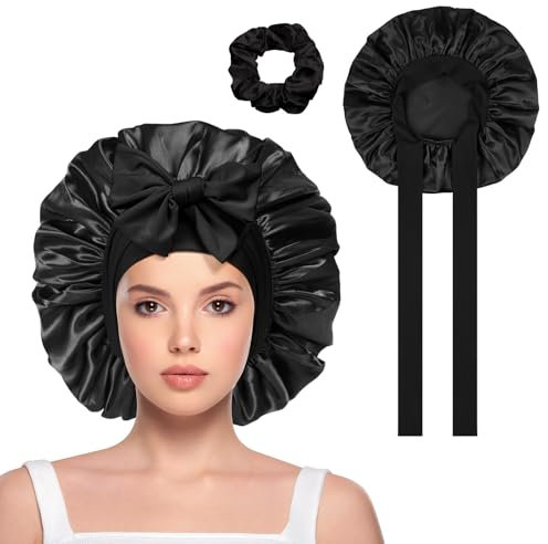 Fefod Cuffia per capelli da donna, in raso double face, per dormire, regolabile, per la notte, con fascia elastica, nero + elastici per capelli, Taglia unica