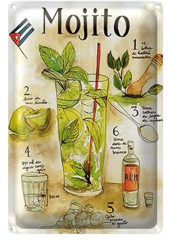 Vintage Blechschild | Mojito Rezept | Dekoration für Küche und Bar | 12 cm x 18 cm