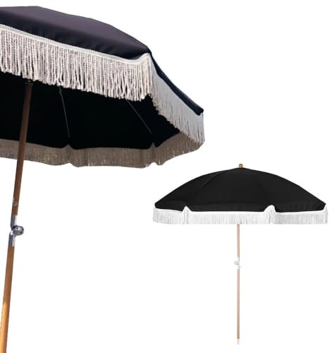 IMUNKT 160cm Parasol De Patio Extérieur avec Franges, Noir Parasol De Plage, Parasol Inclinable Boho, Protection UV Imperméable, 8 Baleines(1.6m(5ft))