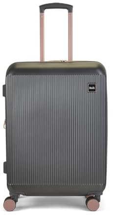 Rock Aria Medium 61/86L Hard Shell Suitcase - Charcoal & Rose Gold | Gold Toned Accents - Expandable - Impact Resistant - Telescopic Handle - 360 Swivel 8 Wheels - TSA Lock - 67x47x29cm - 3.6kg