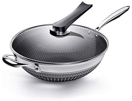 JYBNBBE Topf Bratpfanne Edelstahl Wok Wabenbratpfanne mit Glasdeckel Sauteuse Küchenkochgeschirr/32cm