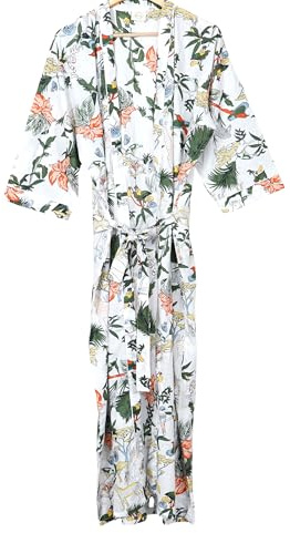 INDACORIFY Indischer bedruckter Hausmantel aus reiner Baumwolle, Sommer-Kimono, Strand-Coverup mit Vogel-Print, Strand-Bademäntel für Damen