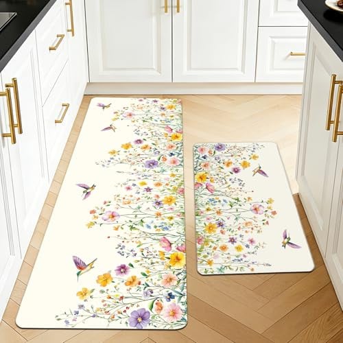 Shaeotek Küchen-Fußmatten mit Vogelmotiv, rutschfest, für Flur, Esszimmer und Eingangsbereich, 40 x 70 + 40 x 120 cm, bunte Blumen, 2 Stück